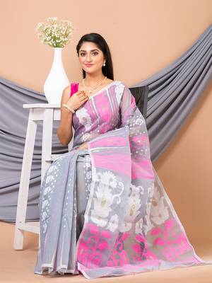 Grey & Multi pure cotton floral design jamdani saree without blouse 1