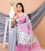 Grey & Multi pure cotton floral design jamdani saree without blouse