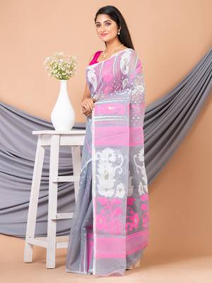 Grey & Multi pure cotton floral design jamdani saree without blouse 3