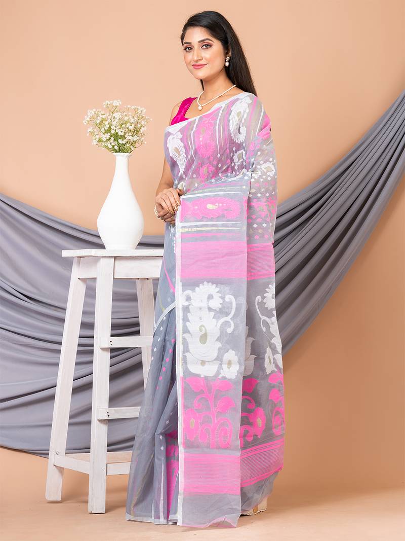 Grey & Multi pure cotton floral design jamdani saree without blouse