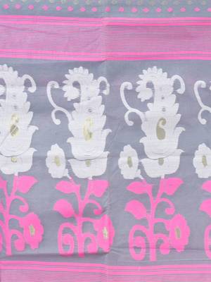 Grey & Multi pure cotton floral design jamdani saree without blouse 5