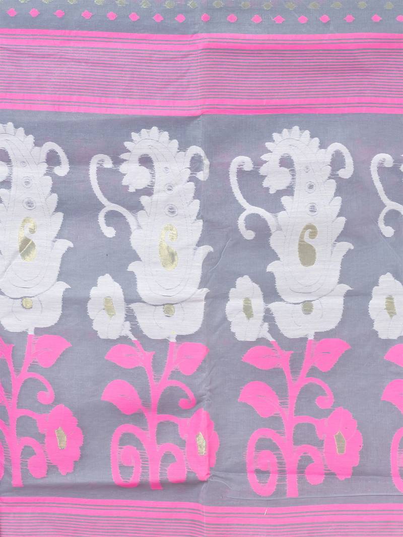 Grey & Multi pure cotton floral design jamdani saree without blouse