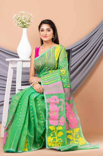 Green & Multi Pure Cotton Floral Design Jamdani Saree Without Blouse