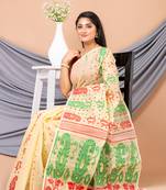 Yellow & Multi Pure Cotton Floral Design Jamdani Saree Without Blouse