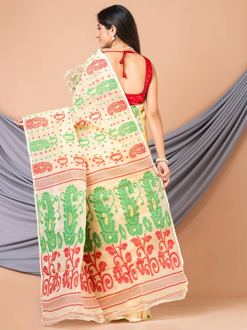 Yellow & Multi Pure Cotton Floral Design Jamdani Saree Without Blouse