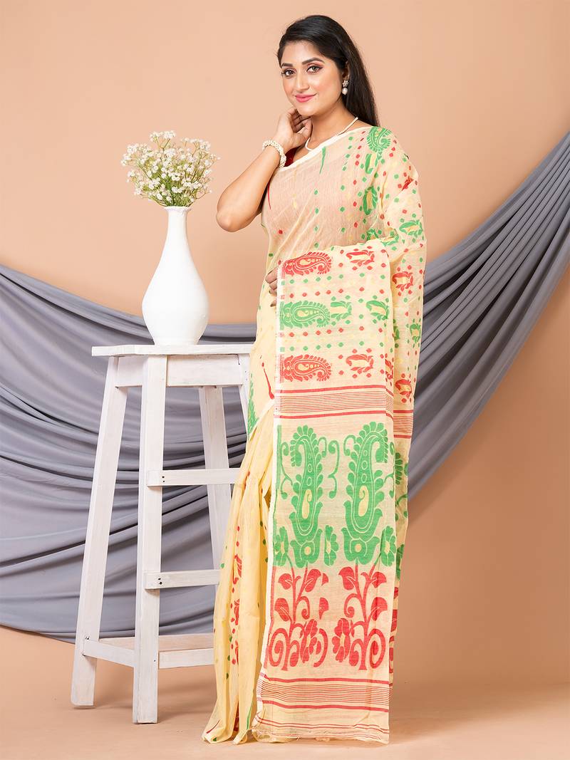 Yellow & Multi Pure Cotton Floral Design Jamdani Saree Without Blouse