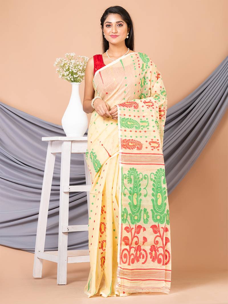 Yellow & Multi Pure Cotton Floral Design Jamdani Saree Without Blouse