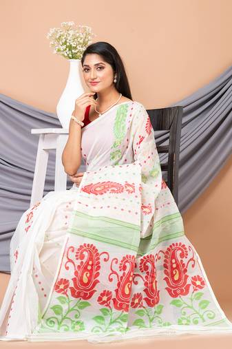 White & Multi Pure Cotton Floral Design Jamdani Saree Without Blouse