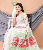 White & Multi Pure Cotton Floral Design Jamdani Saree Without Blouse