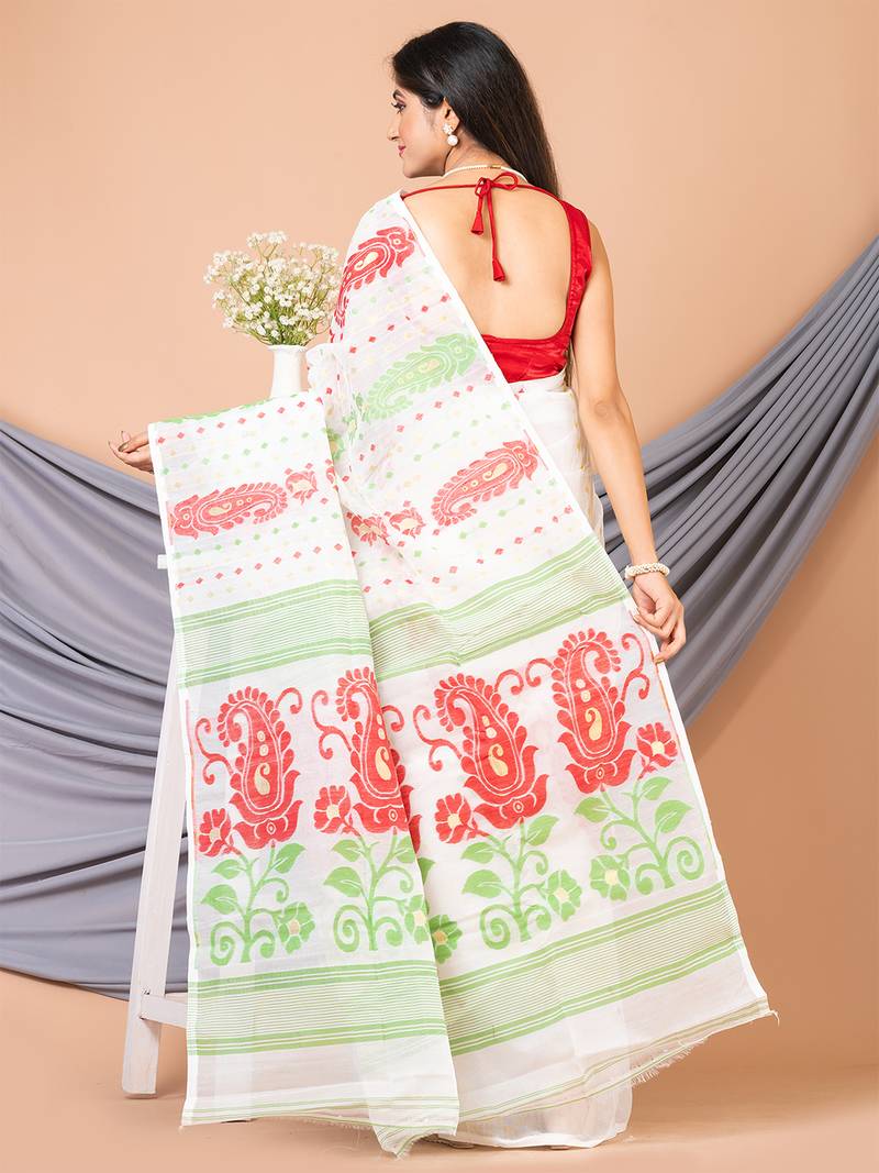 White & Multi Pure Cotton Floral Design Jamdani Saree Without Blouse