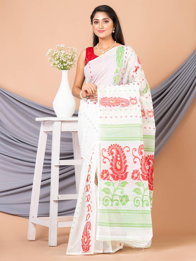 White & Multi Pure Cotton Floral Design Jamdani Saree Without Blouse