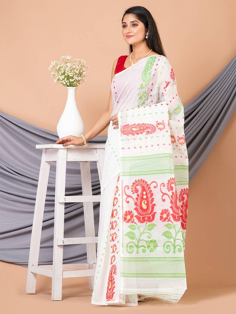 White & Multi Pure Cotton Floral Design Jamdani Saree Without Blouse