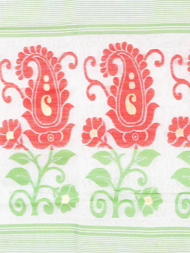 White & Multi Pure Cotton Floral Design Jamdani Saree Without Blouse