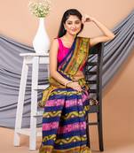 Navy Blue & Multi Pure Cotton Floral Design Taant Saree Without Blouse
