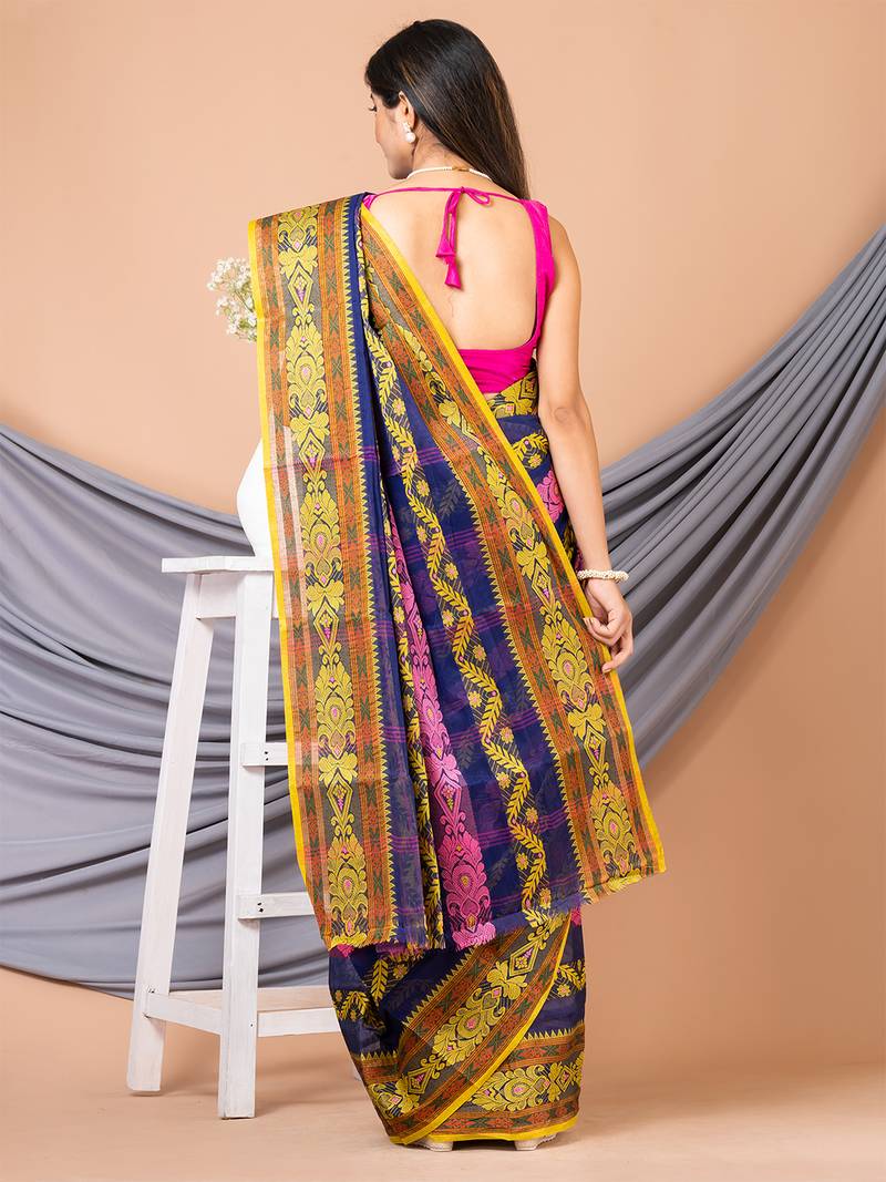 Navy Blue & Multi Pure Cotton Floral Design Taant Saree Without Blouse