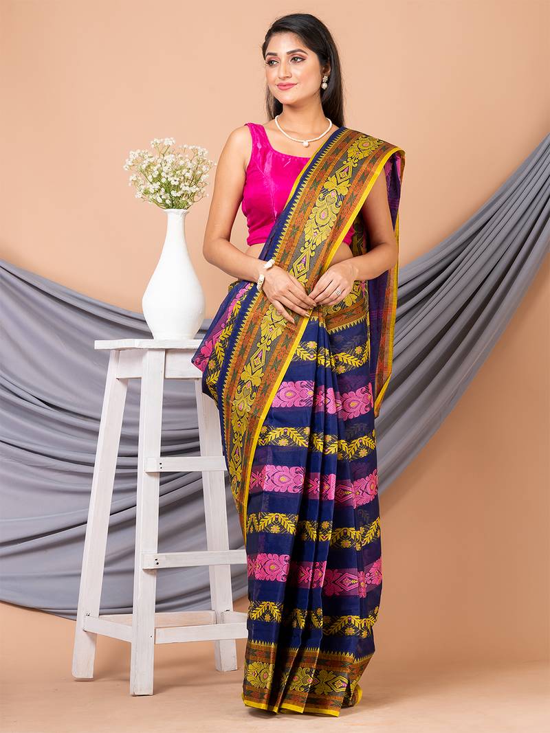 Navy Blue & Multi Pure Cotton Floral Design Taant Saree Without Blouse