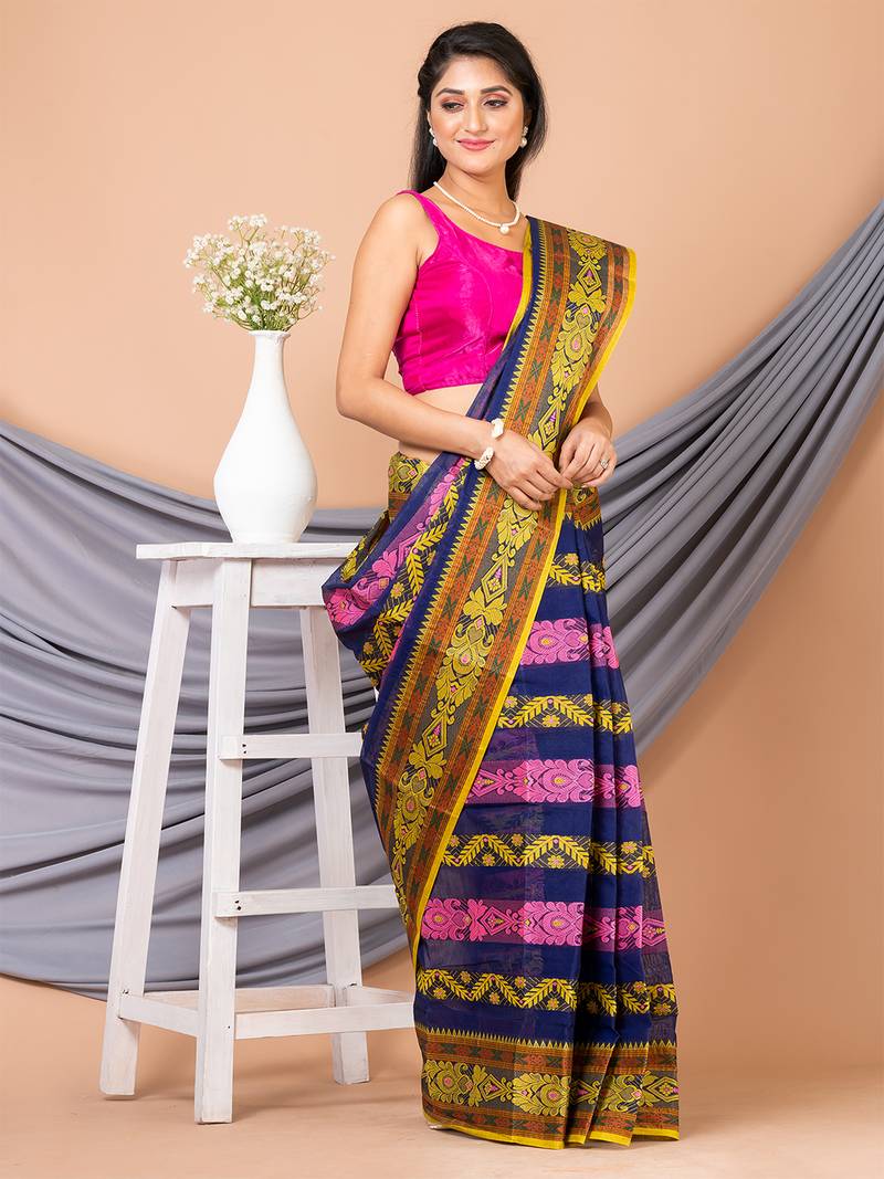 Navy Blue & Multi Pure Cotton Floral Design Taant Saree Without Blouse
