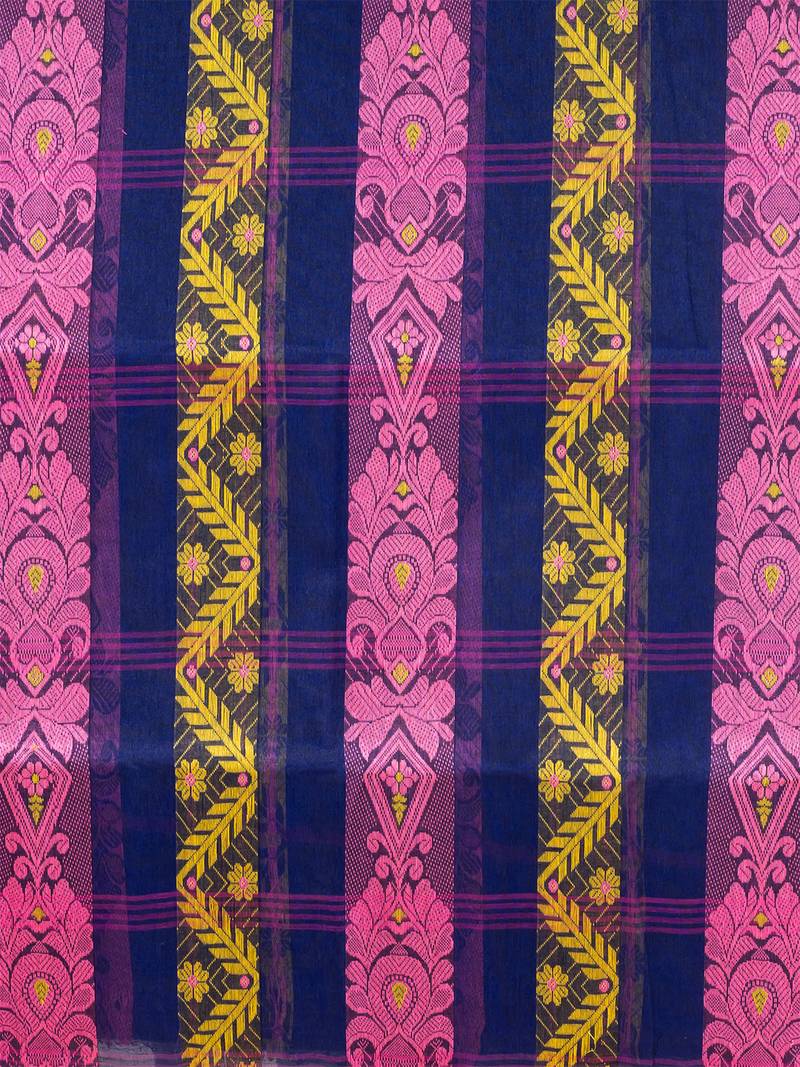 Navy Blue & Multi Pure Cotton Floral Design Taant Saree Without Blouse