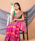 Pink & Multi Pure Cotton Floral Design Taant Saree Without Blouse