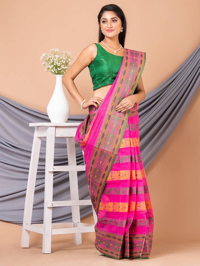 Pink & Multi Pure Cotton Floral Design Taant Saree Without Blouse