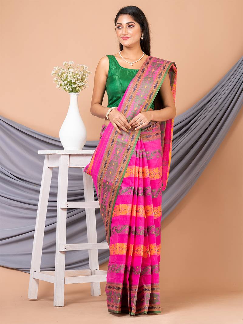 Pink & Multi Pure Cotton Floral Design Taant Saree Without Blouse