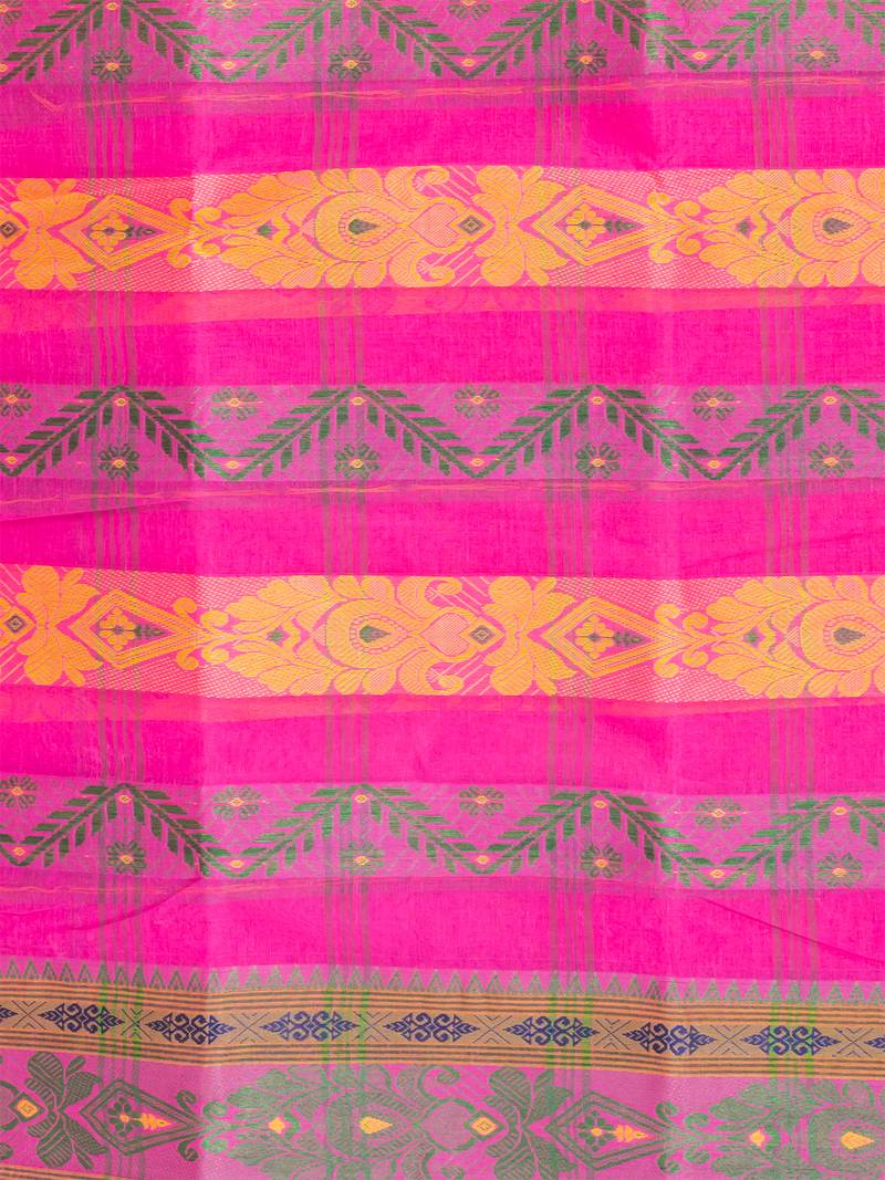 Pink & Multi Pure Cotton Floral Design Taant Saree Without Blouse