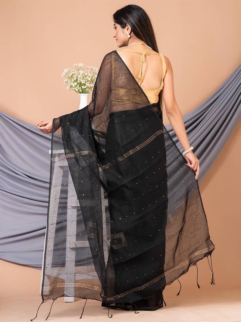Black & Gold Silk Blend Handloom Sequence Saree Without Blouse
