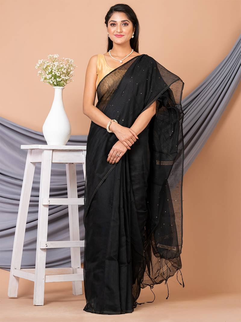Black & Gold Silk Blend Handloom Sequence Saree Without Blouse