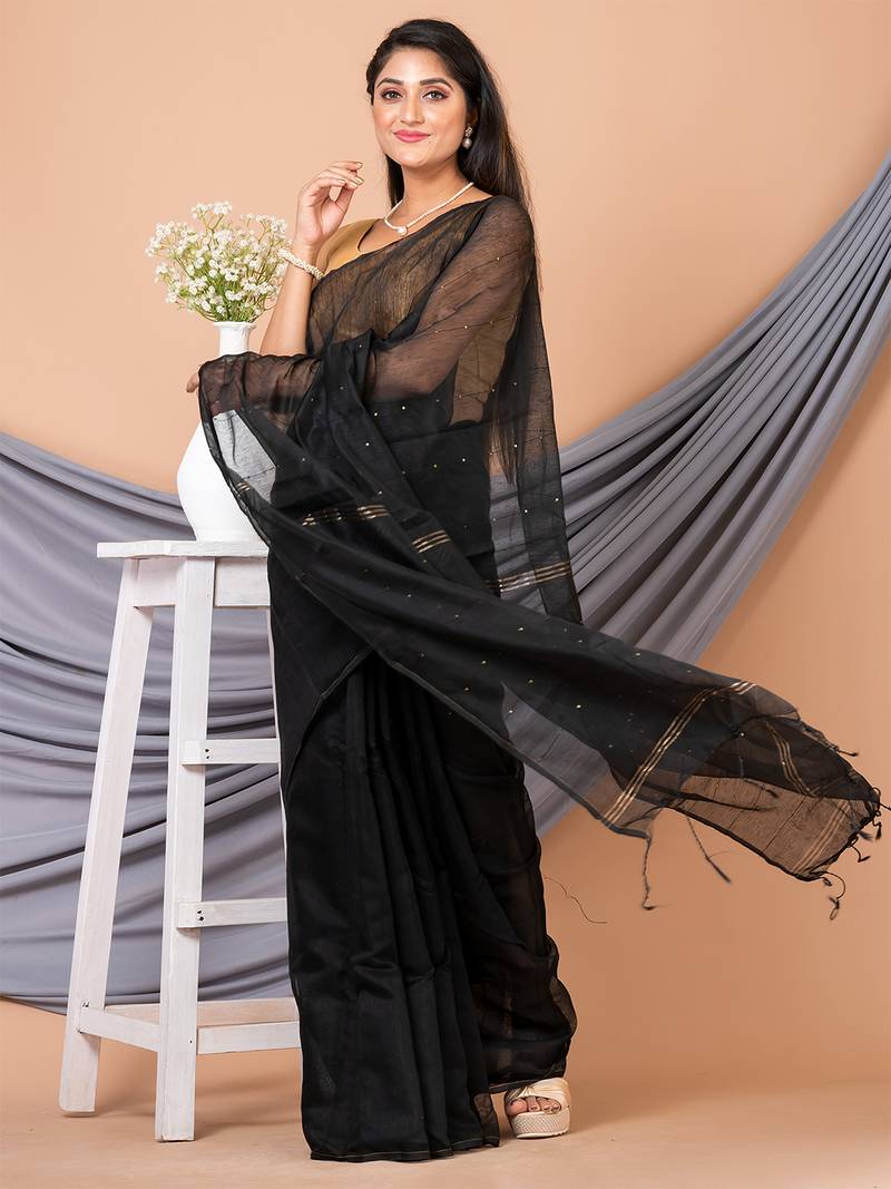 Black & Gold Silk Blend Handloom Sequence Saree Without Blouse