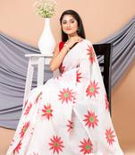 White & Red Pure Cotton Sunflower Design Handloom Saree With Blouse