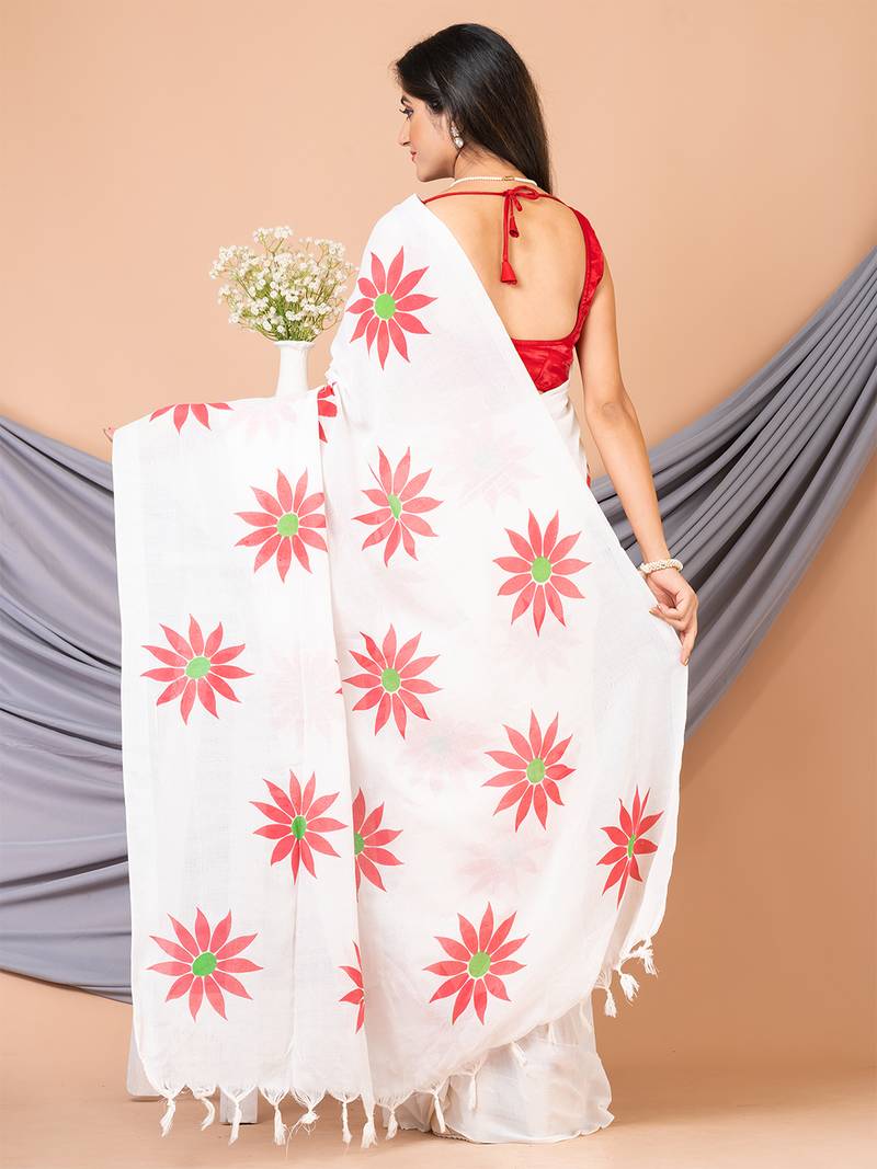White & Red Pure Cotton Sunflower Design Handloom Saree With Blouse