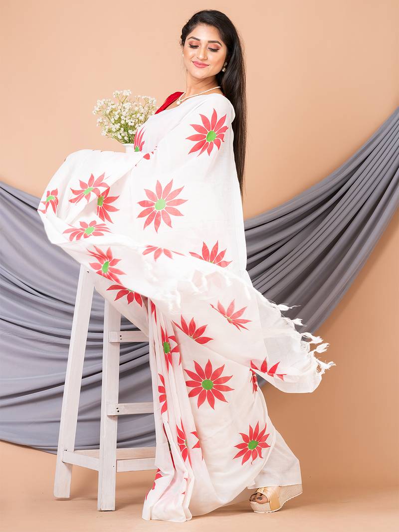 White & Red Pure Cotton Sunflower Design Handloom Saree With Blouse