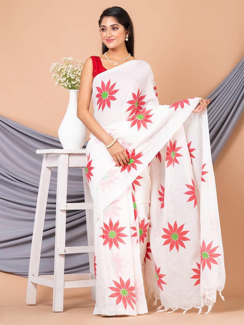 White & Red Pure Cotton Sunflower Design Handloom Saree With Blouse