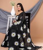 Black & White Pure cotton Sunflower design Handloom Saree with blouse