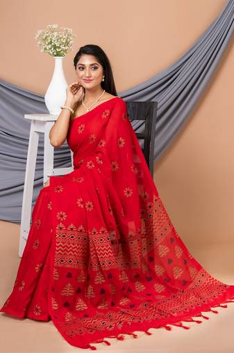 Red & Multi silk cotton floral design handloom saree with blouse