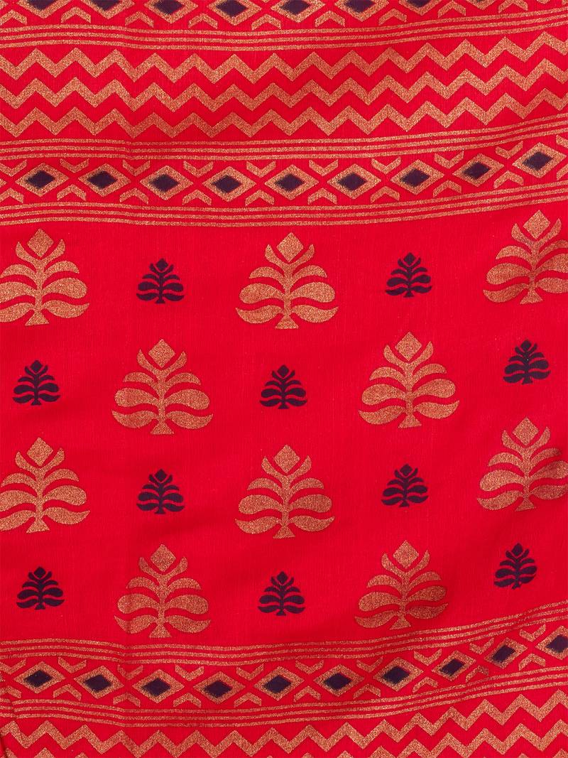 Red & Multi silk cotton floral design handloom saree with blouse