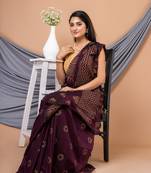 Purple & Golden Silk Cotton Floral Design Handloom Saree With Blouse