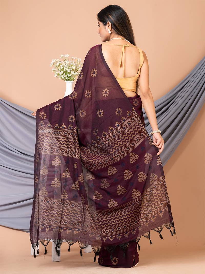 Purple & Golden Silk Cotton Floral Design Handloom Saree With Blouse