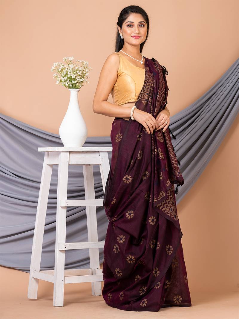 Purple & Golden Silk Cotton Floral Design Handloom Saree With Blouse