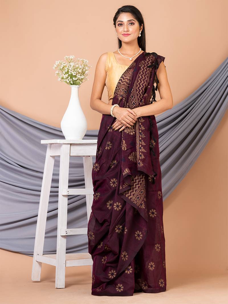 Purple & Golden Silk Cotton Floral Design Handloom Saree With Blouse
