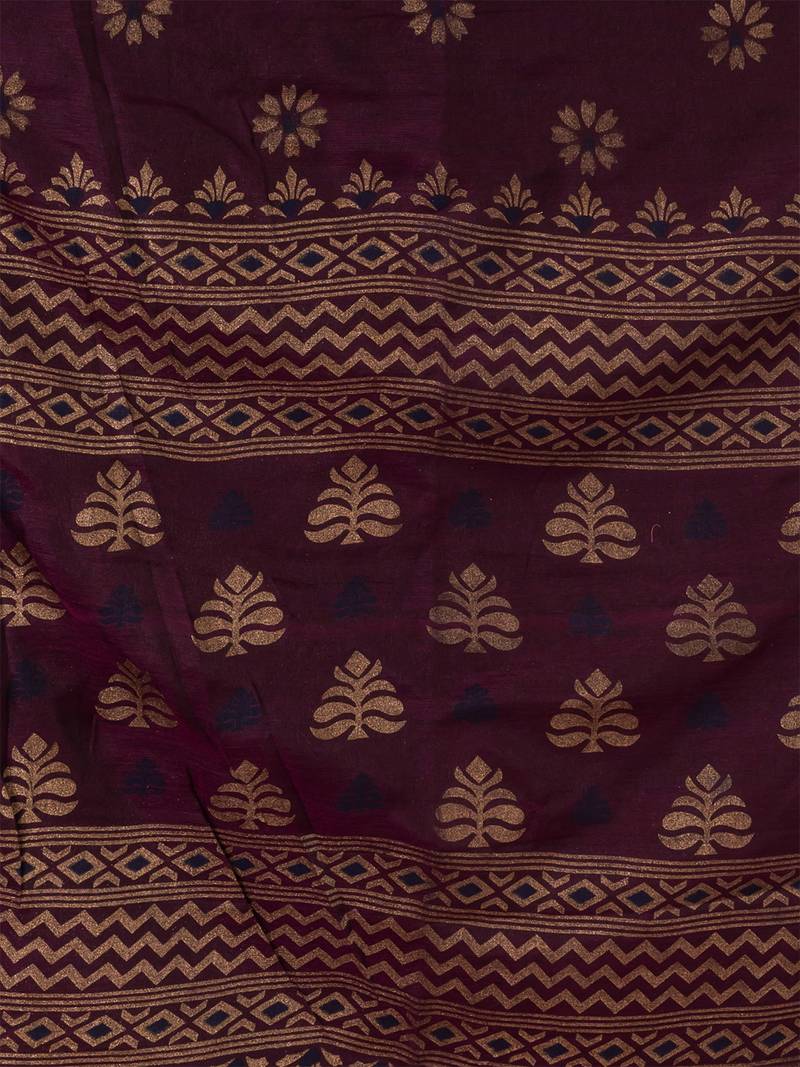 Purple & Golden Silk Cotton Floral Design Handloom Saree With Blouse