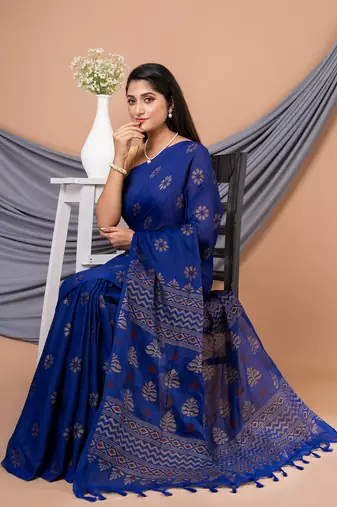 Blue & Golden silk cotton floral design handloom saree with blouse