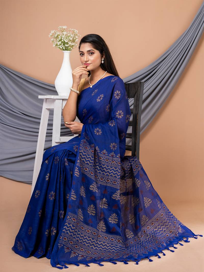 Blue & Golden silk cotton floral design handloom saree with blouse