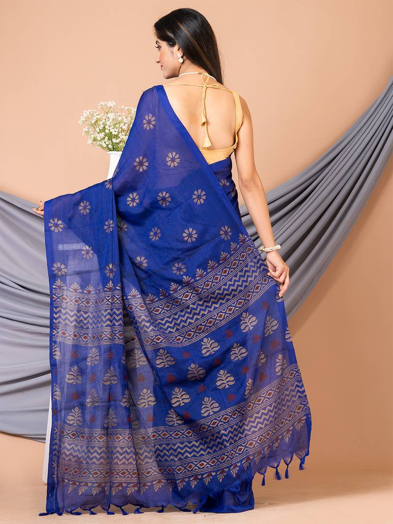 Blue & Golden silk cotton floral design handloom saree with blouse