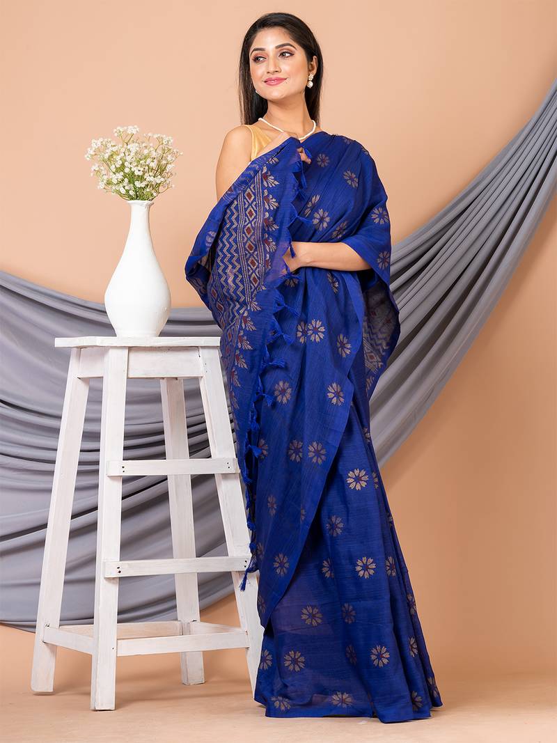 Blue & Golden silk cotton floral design handloom saree with blouse