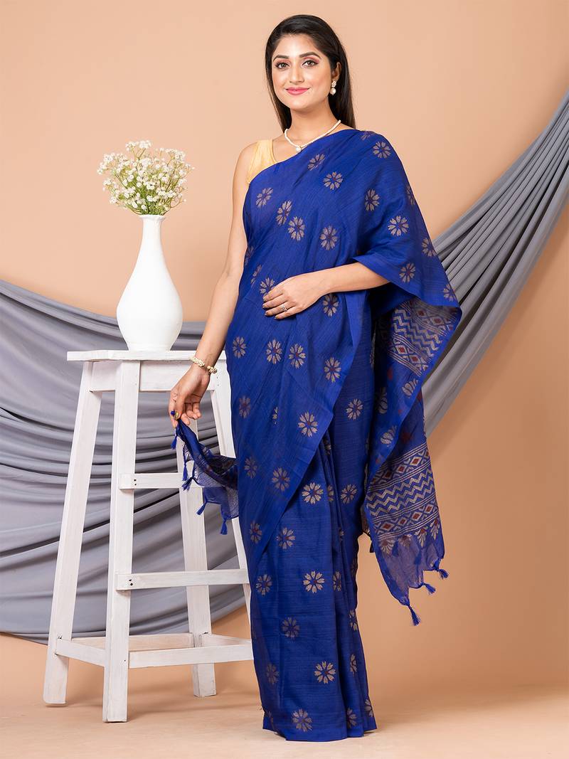 Blue & Golden silk cotton floral design handloom saree with blouse