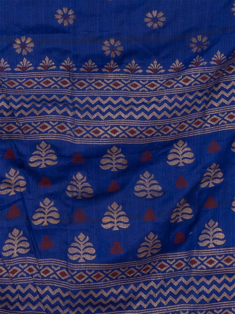 Blue & Golden silk cotton floral design handloom saree with blouse