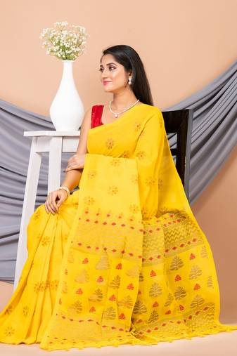 Yellow & Multi silk cotton floral design handloom saree with blouse