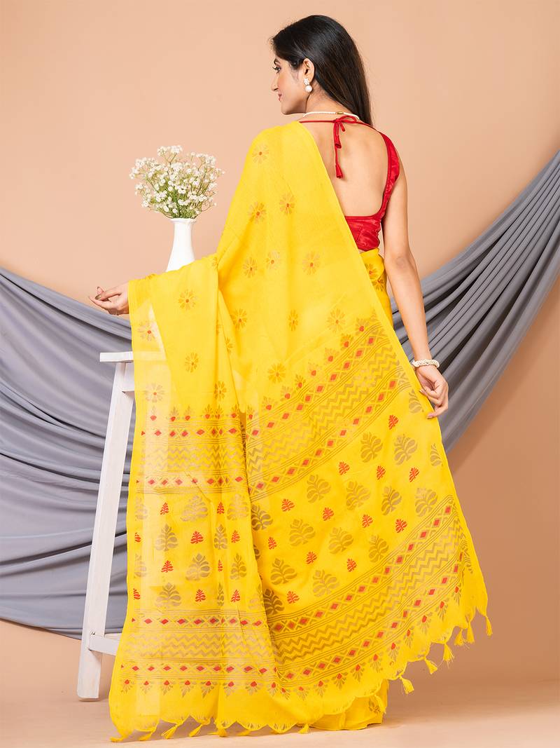 Yellow & Multi silk cotton floral design handloom saree with blouse