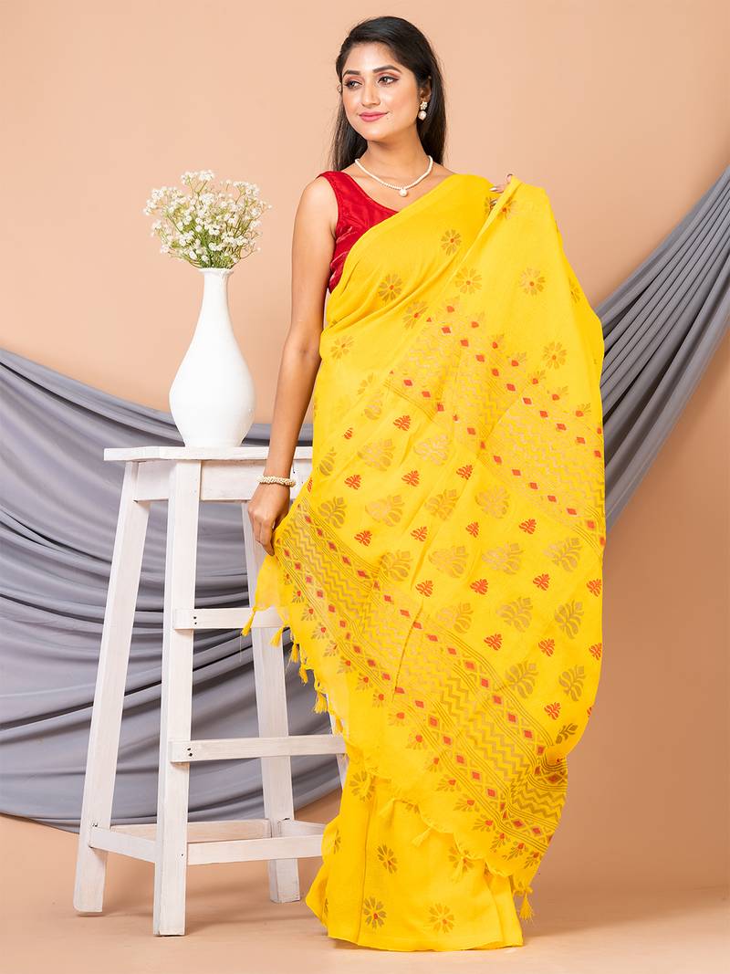 Yellow & Multi silk cotton floral design handloom saree with blouse